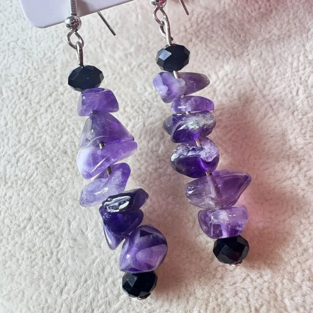 Amethyst and Black Stone Drop Earrings